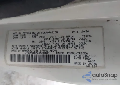 1995 Toyota Pickup 1/2 Ton Short Whlbse Dx из США, поврежденный, VIN JT4RN81P4S5201831